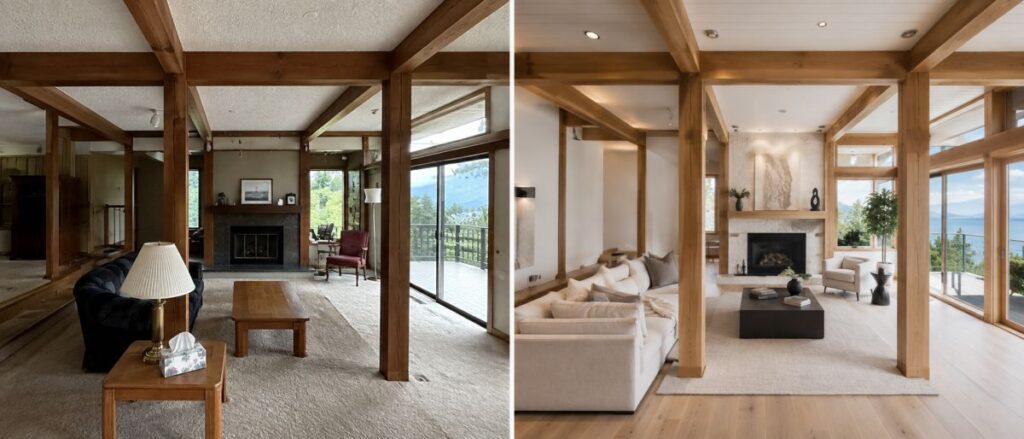renovated post and beam living room west vancouver